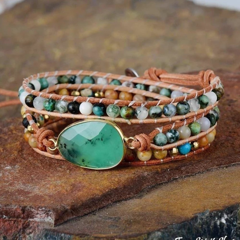 Natural Moss Agate Green Jasper Healing Reiki Bohemian Women Wrap Bracelet Gifts